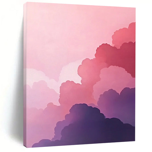 Abstract oil painting with pink and purple clouds featuring a minimalist aesthetic against a dark grey and violet background showcasing high detail and contemporary artistry. DLZ1691