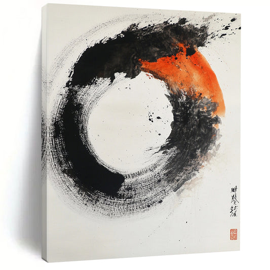 Black, White, Orange, Gray, Textured Circle "Fiery Enso" Abstract Expressionist Painting On Canvas HB106
