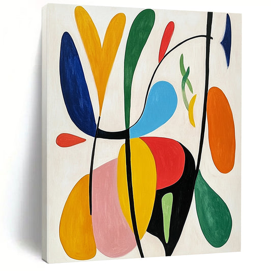 Large contemporary hand-painted abstract art featuring bright colors, organic forms, and simple lines on a white background, inspired by Matisse’s style. DLZ1271
