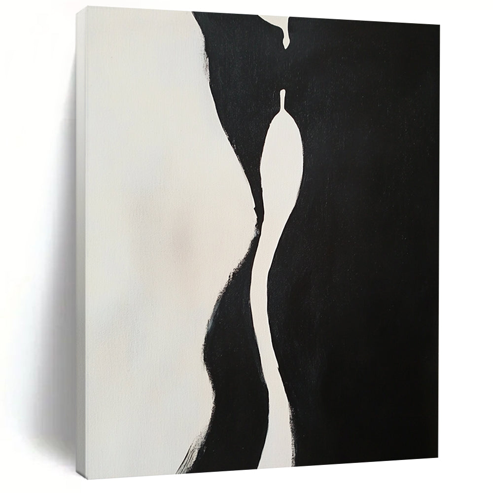 Contemporary hand-painted abstract artwork features two embracing figures with dynamic shapes and compelling negative space in a striking black and white composition. DLZ1543