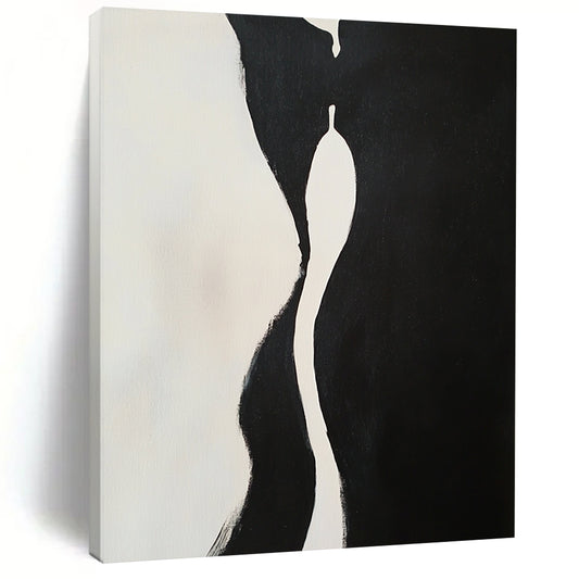 Contemporary hand-painted abstract artwork features two embracing figures with dynamic shapes and compelling negative space in a striking black and white composition. DLZ1543