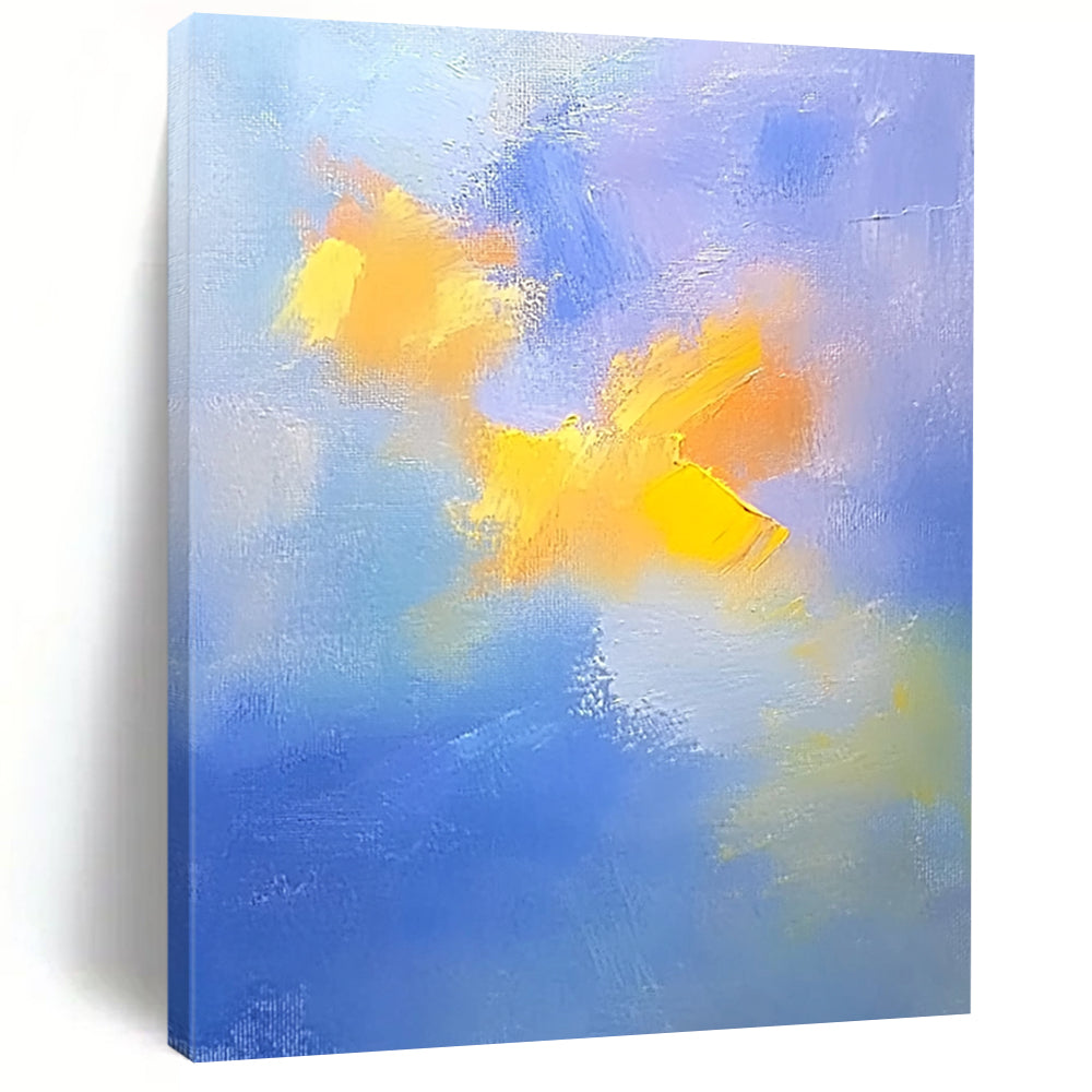Contemporary abstract painting featuring soft blue and yellow clouds with gentle oil strokes on canvas, inspired by the style of Cuno Amiet. DLZ0354