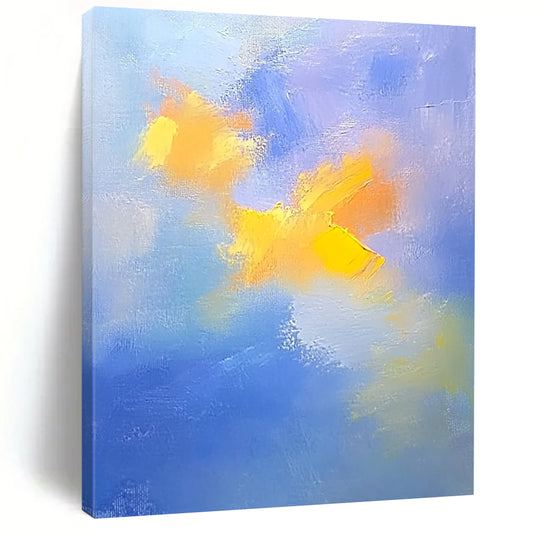 Contemporary abstract painting featuring soft blue and yellow clouds with gentle oil strokes on canvas, inspired by the style of Cuno Amiet. DLZ0354