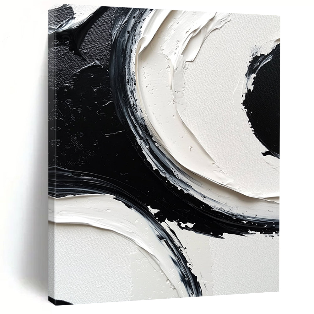 Contemporary abstract painting featuring monochrome black and white circles on a large canvas with meticulous brush strokes and high-resolution detail. DLZ0613