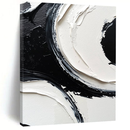 Contemporary abstract painting featuring monochrome black and white circles on a large canvas with meticulous brush strokes and high-resolution detail. DLZ0613