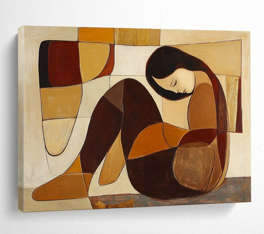“Cubist - Style Figure” - Brown, beige, orange, Cubist Figurative Painting HB0634