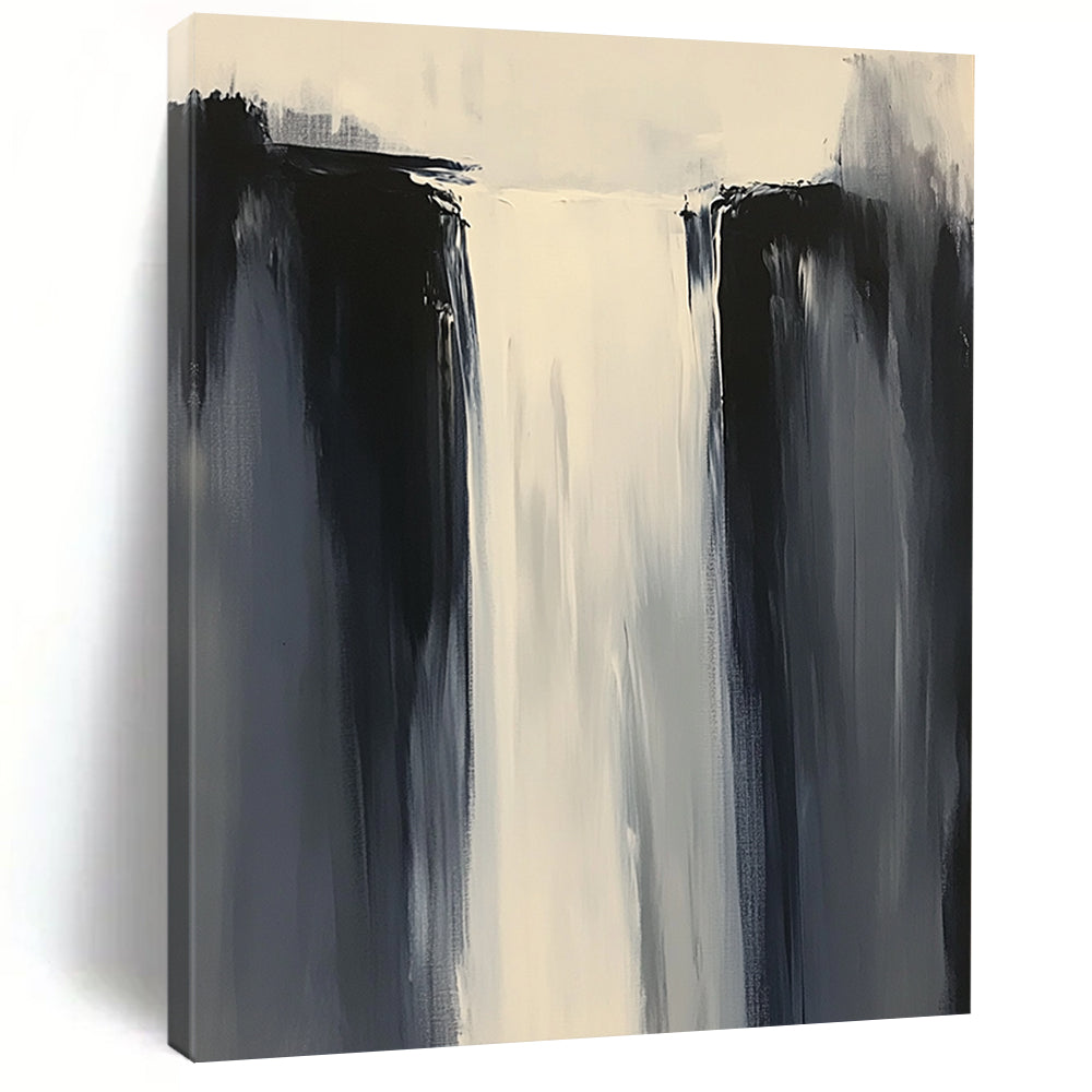 Contemporary abstract painting features minimalist composition in white and gray tones with thick brushstrokes and a tall waterfall, enhancing depth and artistic appeal. DLZ0550