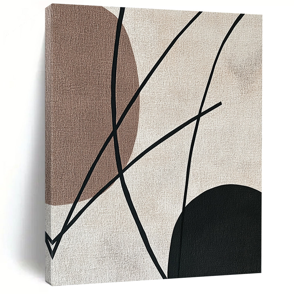 Contemporary abstract painting features minimalist Japandi art with black strings elegantly contrasting against a beige background in soothing earthy tones. DLZ1627
