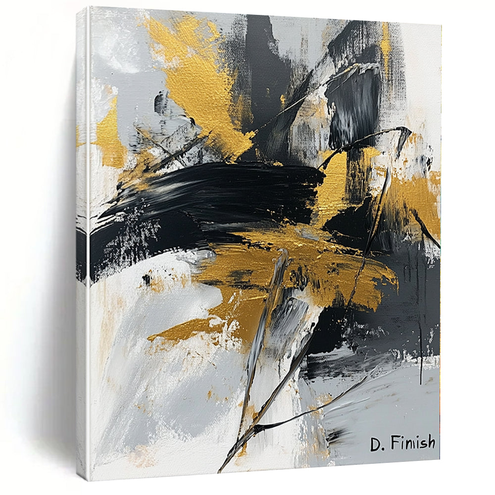 Contemporary abstract artwork featuring bold black white and gold brush strokes and palette knife technique with signature D Finish. DLZ1557
