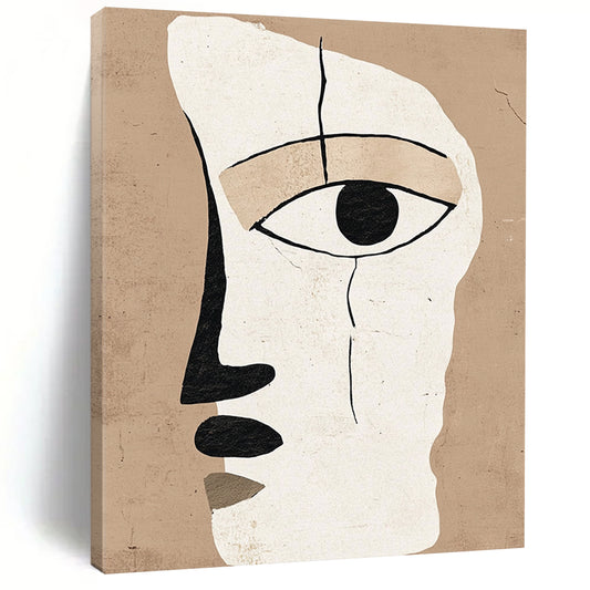 Contemporary abstract artwork featuring a minimalistic face design with an eye in warm beige and white tones, inspired by Henri Matisse. DLZ1311