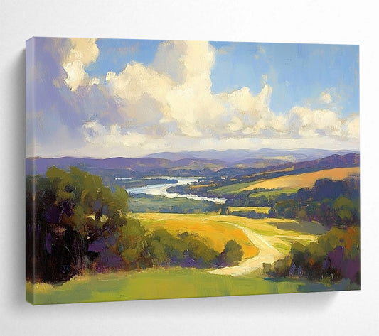 “Vibrant Panoramic Landscape” - Blue, Green, Yellow, Purple, Detailed Scenic View - Oil Painting HB1657