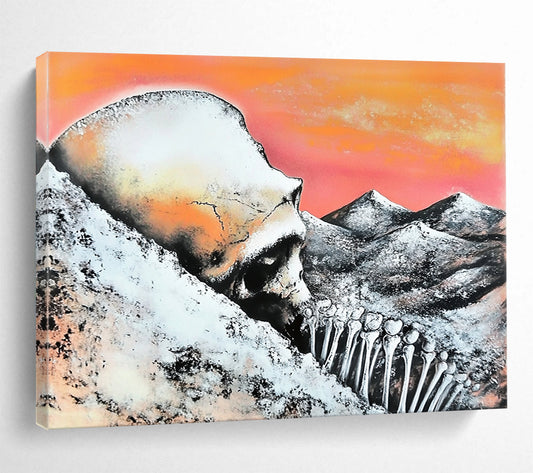 “Skull and Mountains” - Orange, Pink, Gray, Black, Surreal Landscape - Surrealist Acrylic Painting HB1553