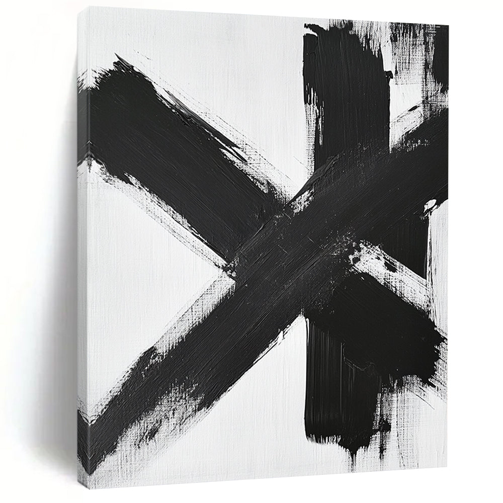 Contemporary large abstract painting featuring black and white brushstrokes dynamic textures and a symmetrical cross-shaped composition on a white background. DLZ1541
