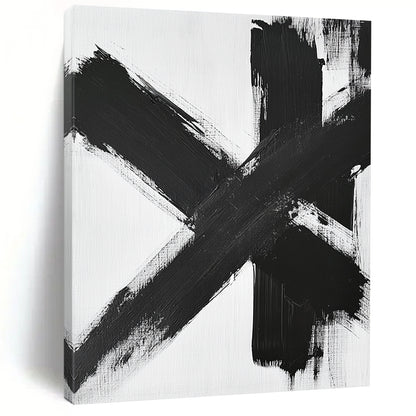 Contemporary large abstract painting featuring black and white brushstrokes dynamic textures and a symmetrical cross-shaped composition on a white background. DLZ1541