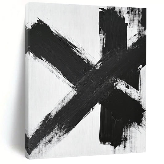Contemporary large abstract painting featuring black and white brushstrokes dynamic textures and a symmetrical cross-shaped composition on a white background. DLZ1541