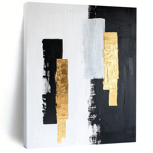 Black, White, Gray, Gold, Vertical Strokes "Gilded Simplicity" Abstract Minimalist Painting On Canvas HB148