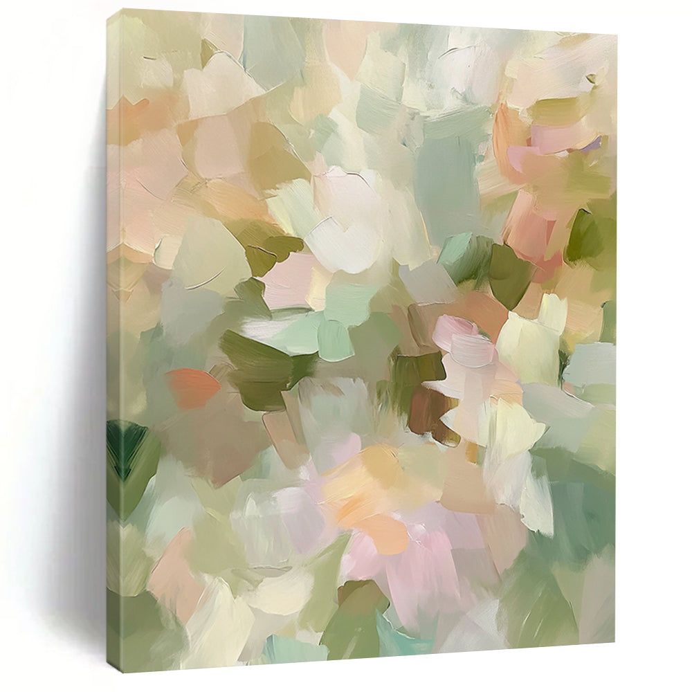 Contemporary hand-painted abstract artwork featuring soft pastel tones and impressionist style evokes spring flowers with muted green and beige hues. DLZ0870