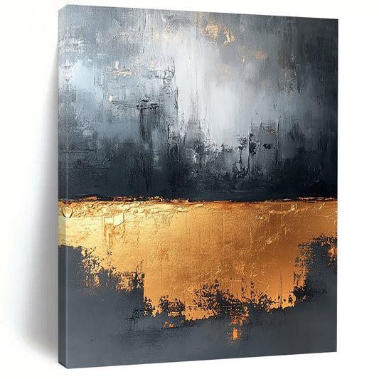 Large contemporary abstract painting in gray and gold tones with gold foil and strong textures for luxurious wall decor. DLZ0521