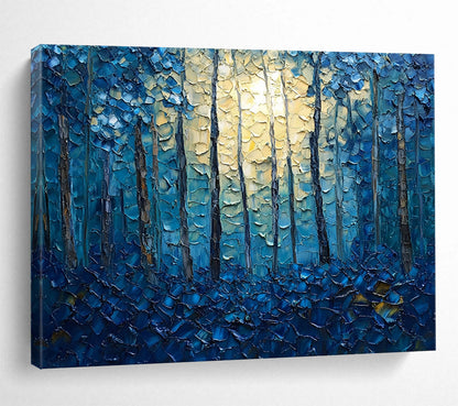 “Moonlit Forest in Blue” - Blues, Yellows, Browns, Textured Forest Scene - Impasto Landscape Painting HB1557
