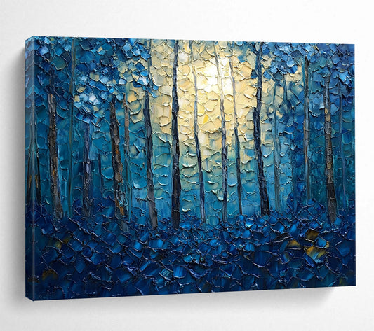 “Moonlit Forest in Blue” - Blues, Yellows, Browns, Textured Forest Scene - Impasto Landscape Painting HB1557