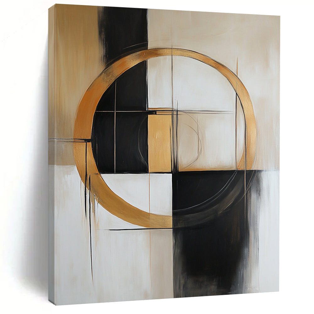 Contemporary hand-painted abstract art featuring shapes and lines in beige, white, black, grey, and gold with a prominent central circle. DLZ0893