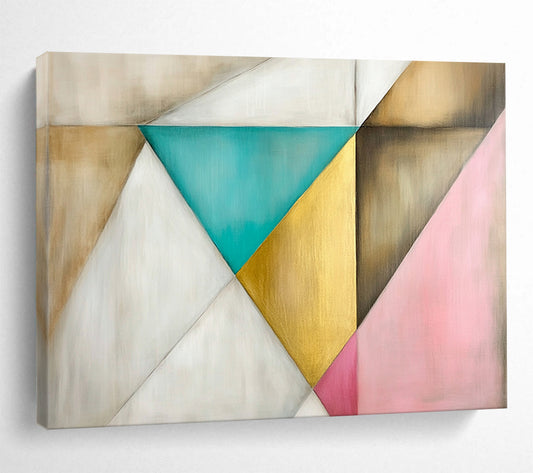 “Colorful Geometric Triangles” - Beige, Teal, Gold, Pink, Geometric Abstract Painting On Canvas HB0679