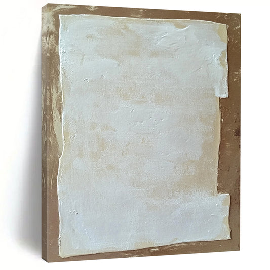 Contemporary abstract painting featuring white rectangular foam against a brown background inspired by Zdzisław Beksiński and Agnes Martin. DLZ1748
