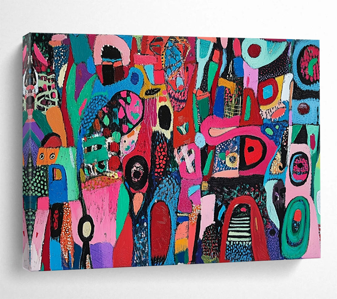 “Whimsical Colorful Shapes” - Multicolor, Abstract Shapes Painting On Canvas HB0741