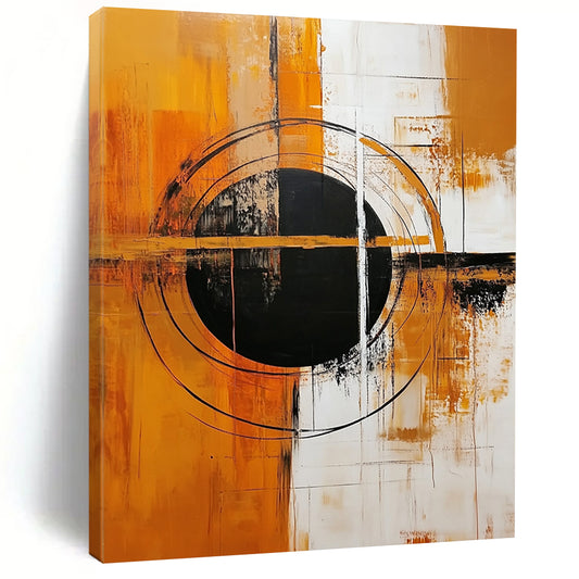 Large contemporary hand-painted abstract artwork featuring a central black circle on an orange and white background with geometric shapes and bold colors. DLZ0505