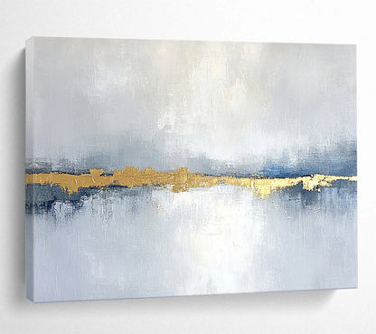 “Blue - Gray Goldline” - Blue, Gray, Gold, Abstract Minimalist Landscape Painting On Canvas HB1088