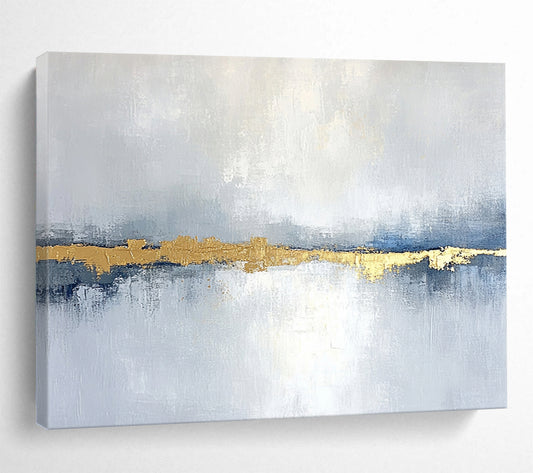 “Blue - Gray Goldline” - Blue, Gray, Gold, Abstract Minimalist Landscape Painting On Canvas HB1088
