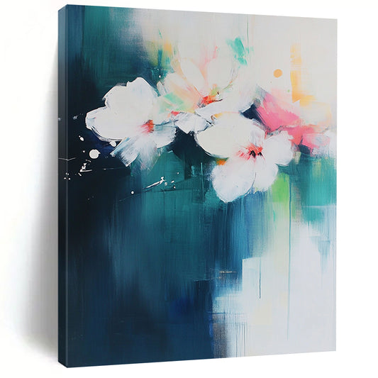 Contemporary abstract art featuring bold brush strokes on a white backdrop with aqua blue and pink floral accents. DLZ0750