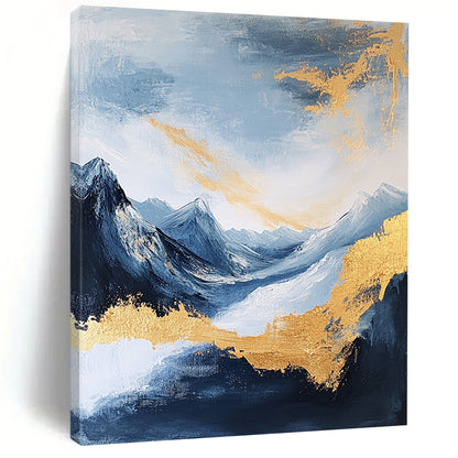 Large contemporary abstract painting featuring exquisite details of mountains clouds and sea in deep gold indigo and yellow colors against a white background DLZ0338