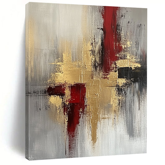 Contemporary hand-painted abstract artwork featuring a beige and red palette enhanced with gold foil accents for a striking visual appeal. DLZ0696