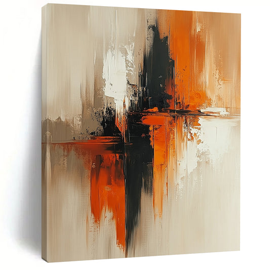 Contemporary abstract artwork features beige and rust tones, vertical composition, large brush strokes, soft edges, and blurred details on textured canvas. DLZ0727