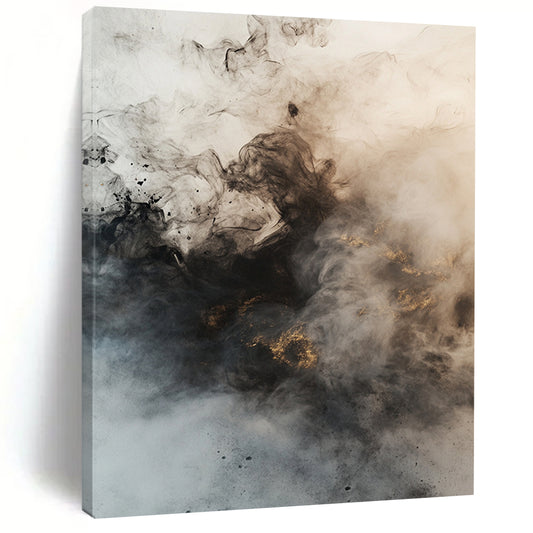 Black, Gray, White, Gold, Smoke - like Swirls "Mystic Mist" Abstract Ink - Inspired Painting On Canvas HB042