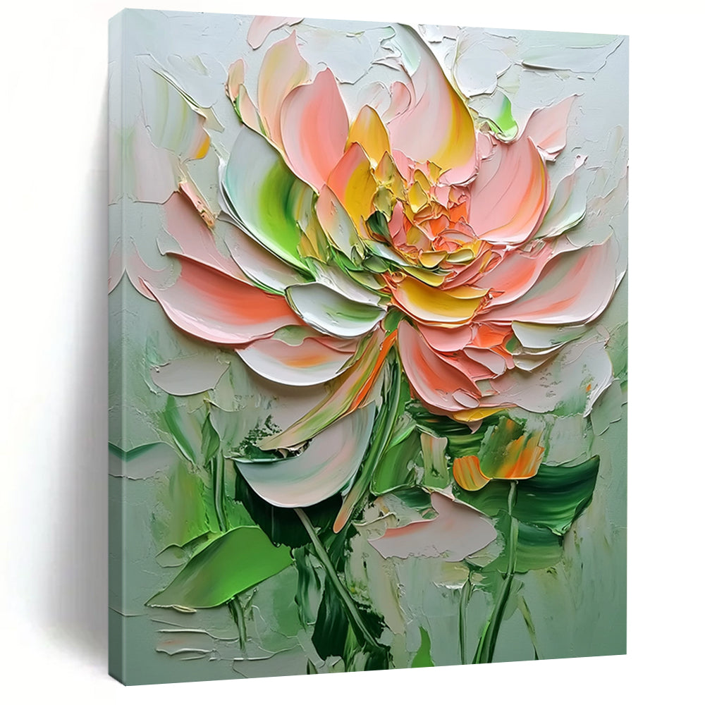 Contemporary abstract painting showcases textured flowers in pink and green hues against a white background, highlighting delicate details and depth. DLZ1667