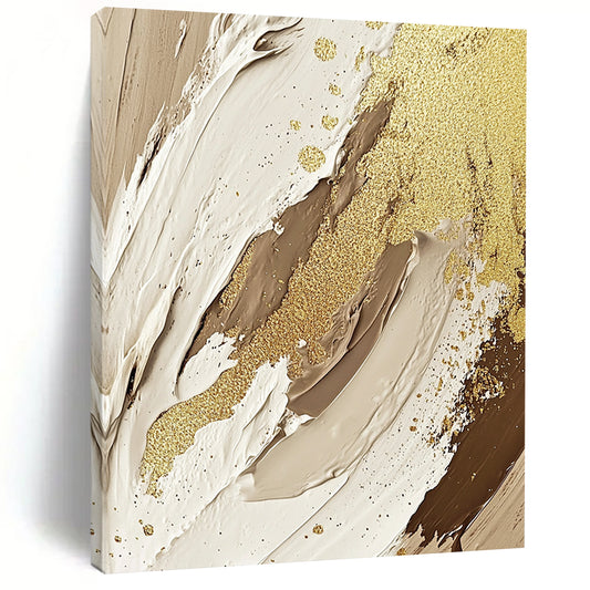 Large contemporary hand-painted abstract artwork featuring textures of cream, beige, and white with gold foil accents and glitter for an elegant touch. DLZ1188
