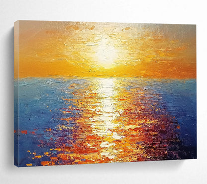 “Radiant Sunset Over Sea” - Orange, Yellow, Blue, Impressionist Seascape Painting On Canvas HB0693