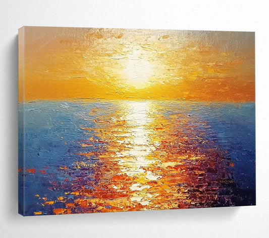 “Radiant Sunset Over Sea” - Orange, Yellow, Blue, Impressionist Seascape Painting On Canvas HB0693