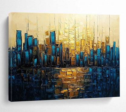 “Golden - Blue City Reflection” - Gold, Blue, Cityscape with Water Mirroring HB1136