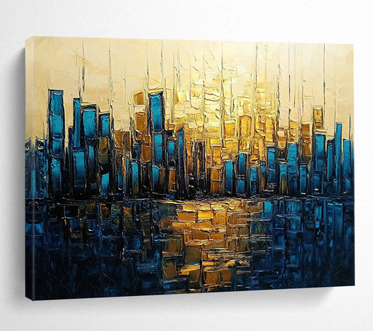 “Golden - Blue City Reflection” - Gold, Blue, Cityscape with Water Mirroring HB1136