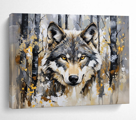“Wolf in Forest” - Gray, brown, yellow, Realistic Animal Painting HB0636