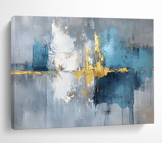 “Reflective Gold - Blue - Gray Abstract” - Gold, Blue, Gray, White, Reflective Textures Painting On Canvas HB0821