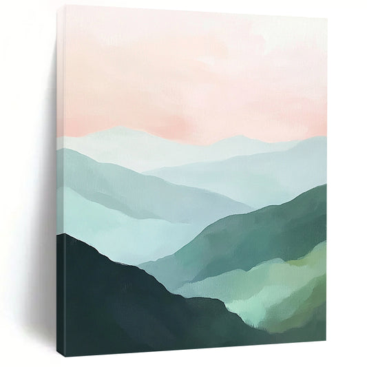 Contemporary abstract painting features green mountains and a soft pink sky creating a tranquil landscape with a harmonious color palette of mint green and pale blue. DLZ0394