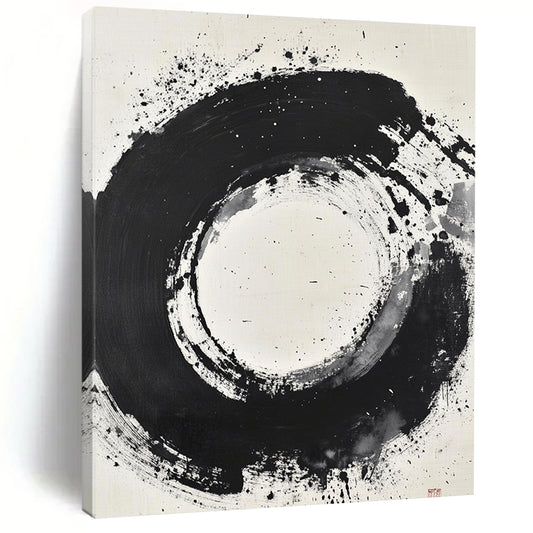 Black and White Splattered Circle "Cosmic Enso" Painting On Canvas HB280