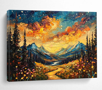 “Starry Mountain Path” - Vivid sunset clouds, colorful wildflowers, Impasto Landscape Painting On Canvas HB0567