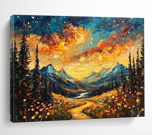 “Starry Mountain Path” - Vivid sunset clouds, colorful wildflowers, Impasto Landscape Painting On Canvas HB0567