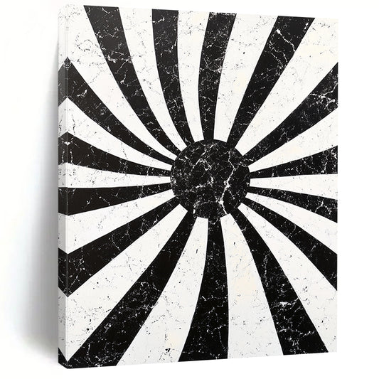 Black, White, Radial Stripes "Marbled Sunburst Radials" Abstract Geometric Painting On Canvas HB178