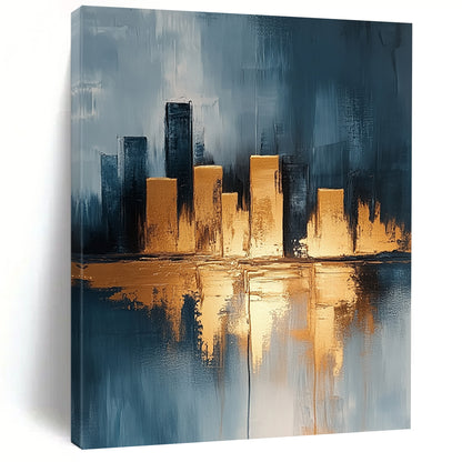 Contemporary hand-painted abstract artwork featuring a neutral urban cityscape with gold accents on canvas texture in vibrant UHD quality. DLZ0337